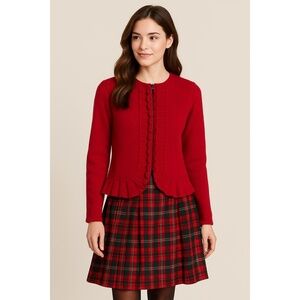 Susan Bristol Red Boiled Wool‎ Ruffle Hem Jacket Cardigan Zip Front M